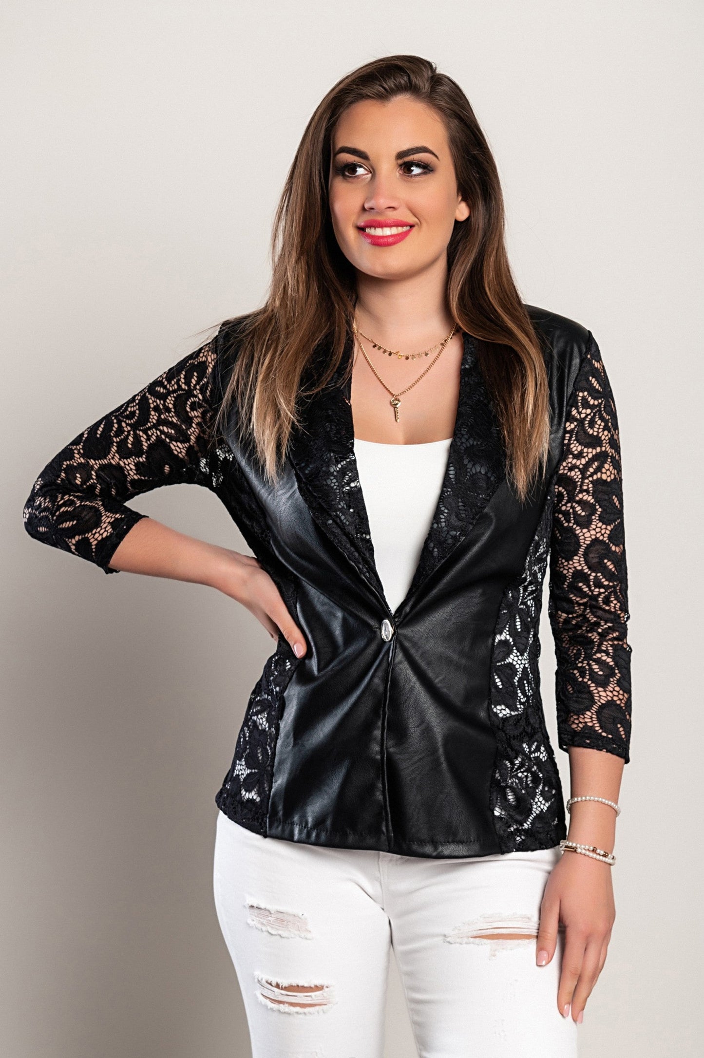 Faux leather blazer with lace AmalfI, black