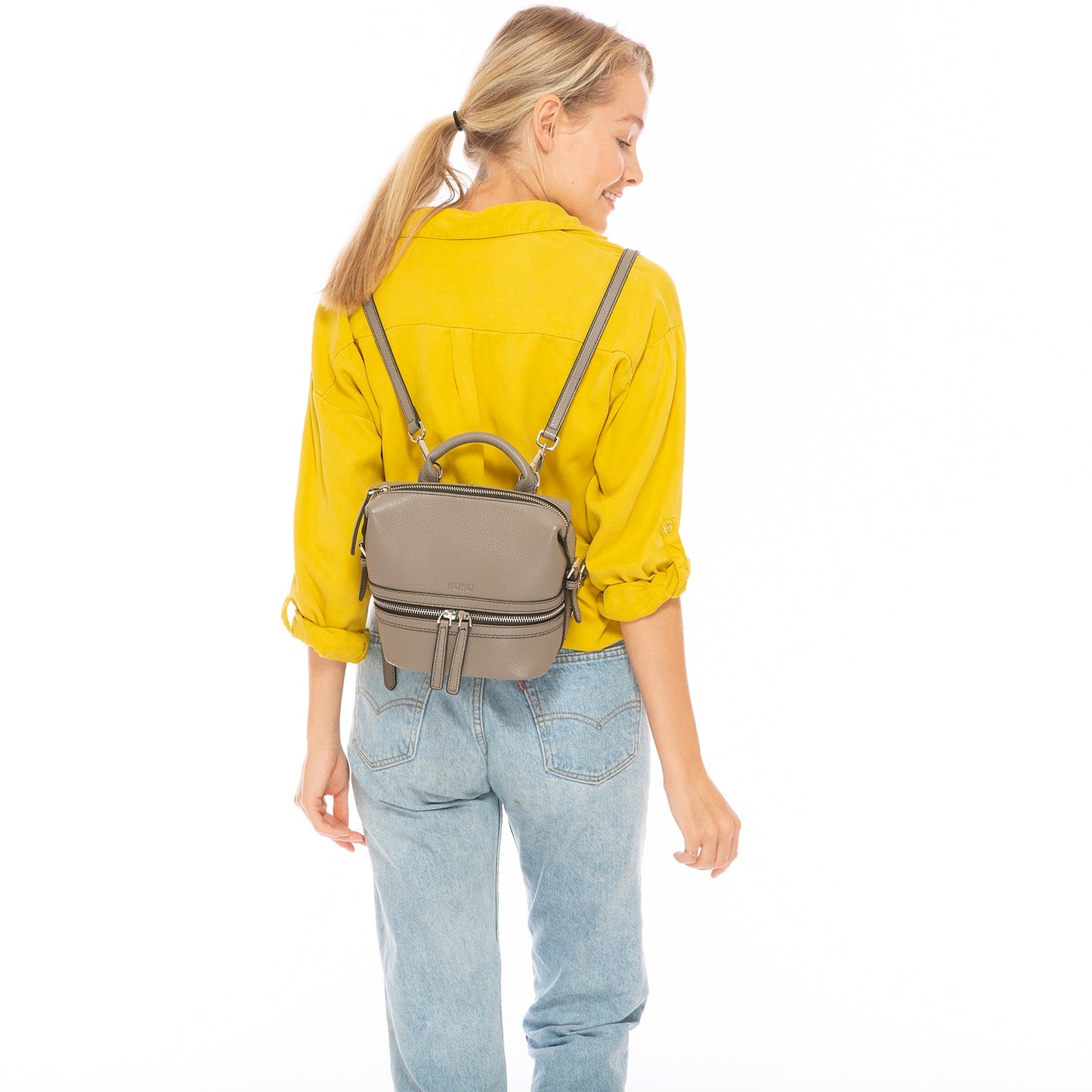 SUSU Gray Leather Backpack Purse for Women Convertible Crossbody Bag