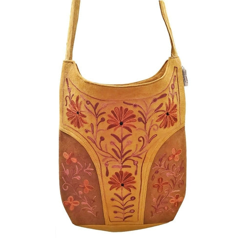 Handmade Suede Floral Embroidered Leather Satchel Bag – Boho Crossbody Purse