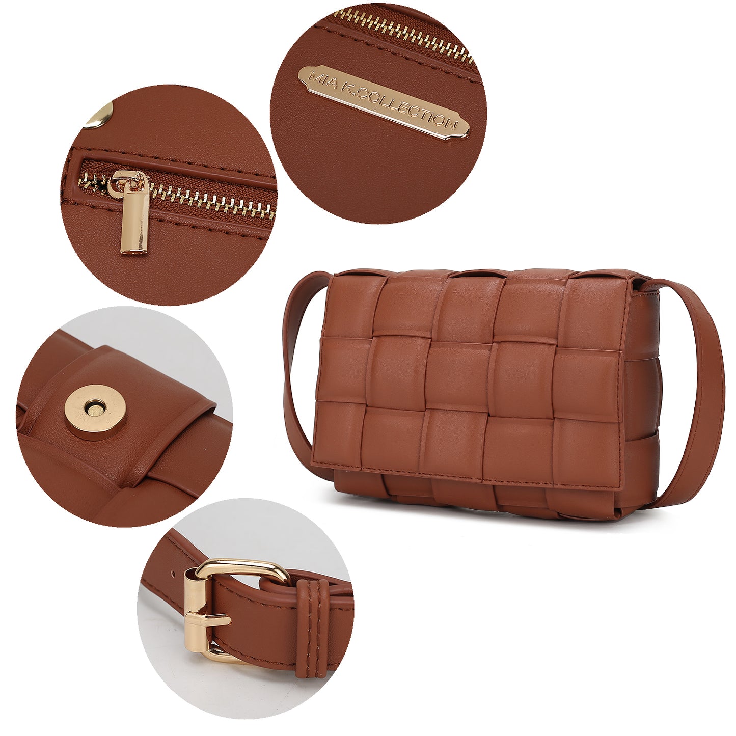 Ginger Woven Vegan Leather Women’s Shoulder Bag – Crossbody Handbag with Gold-Tone Accents