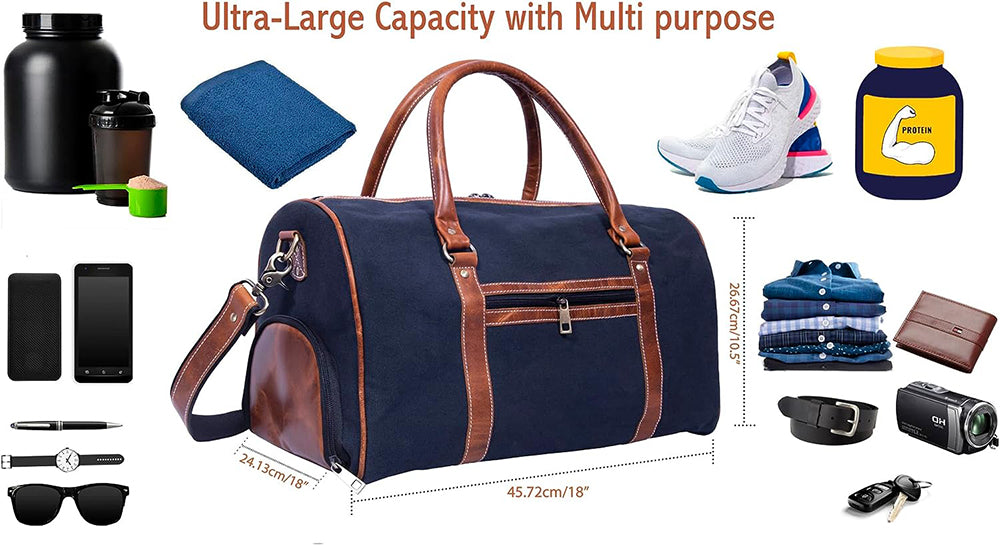 Canvas & Genuine Leather Large Duffel Bag – Overnight Weekender Travel Bag