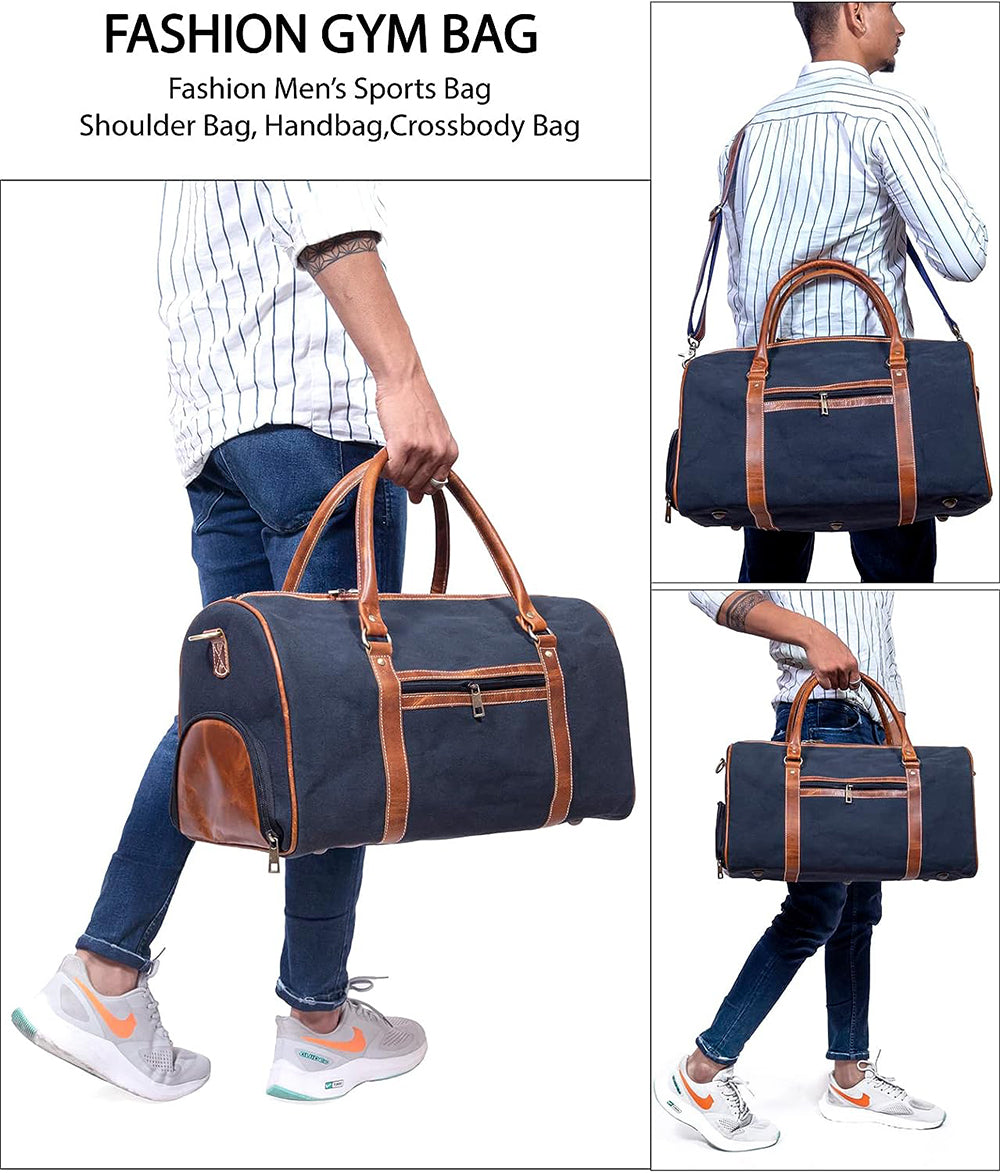 Canvas & Genuine Leather Large Duffel Bag – Overnight Weekender Travel Bag