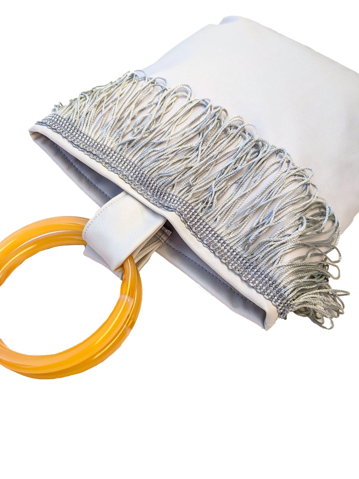 Light Grey Mini Faux Leather Bag with Amber Resin Handles and Fringe Detailing