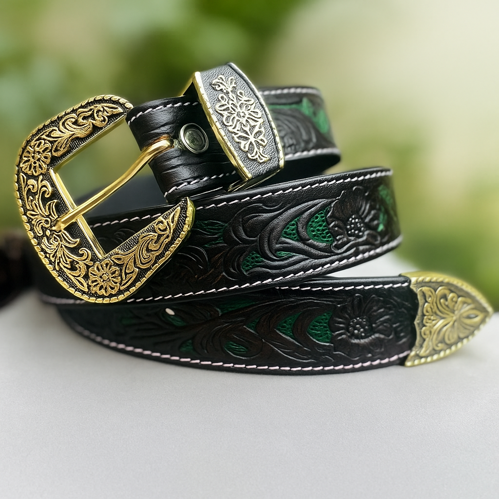 Handcrafted Black Leather Belt with Green Floral Embossing and Antique