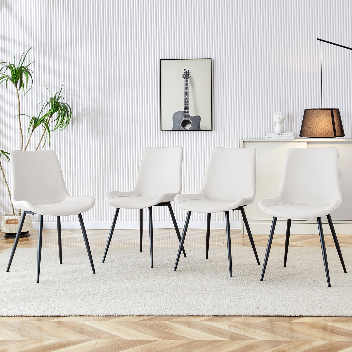 Modern Faux Leather Dining Chair with Black Metal Legs, Curved Widened