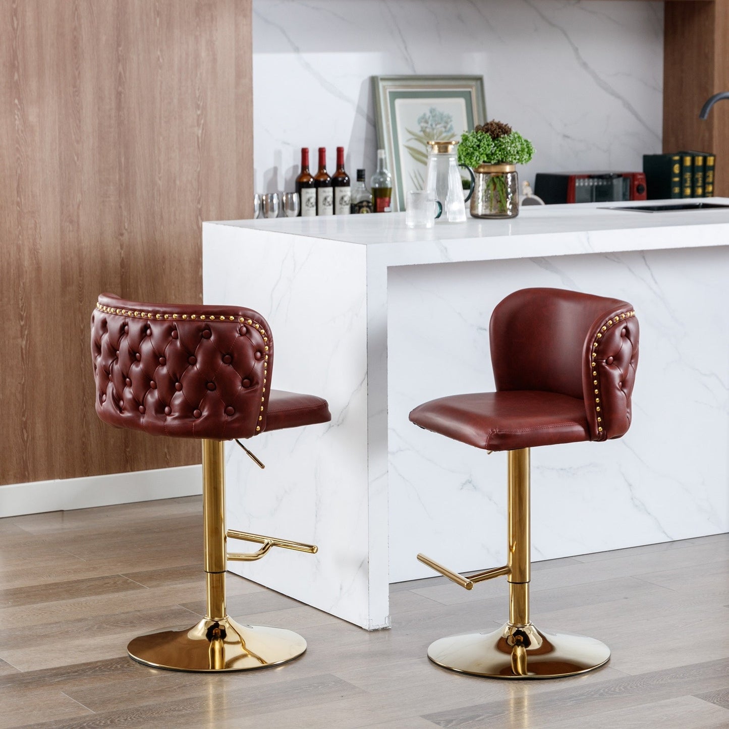 LuneluX_Home – Modern PU Leather Swivel Barstools (Set of 2, Burgundy)