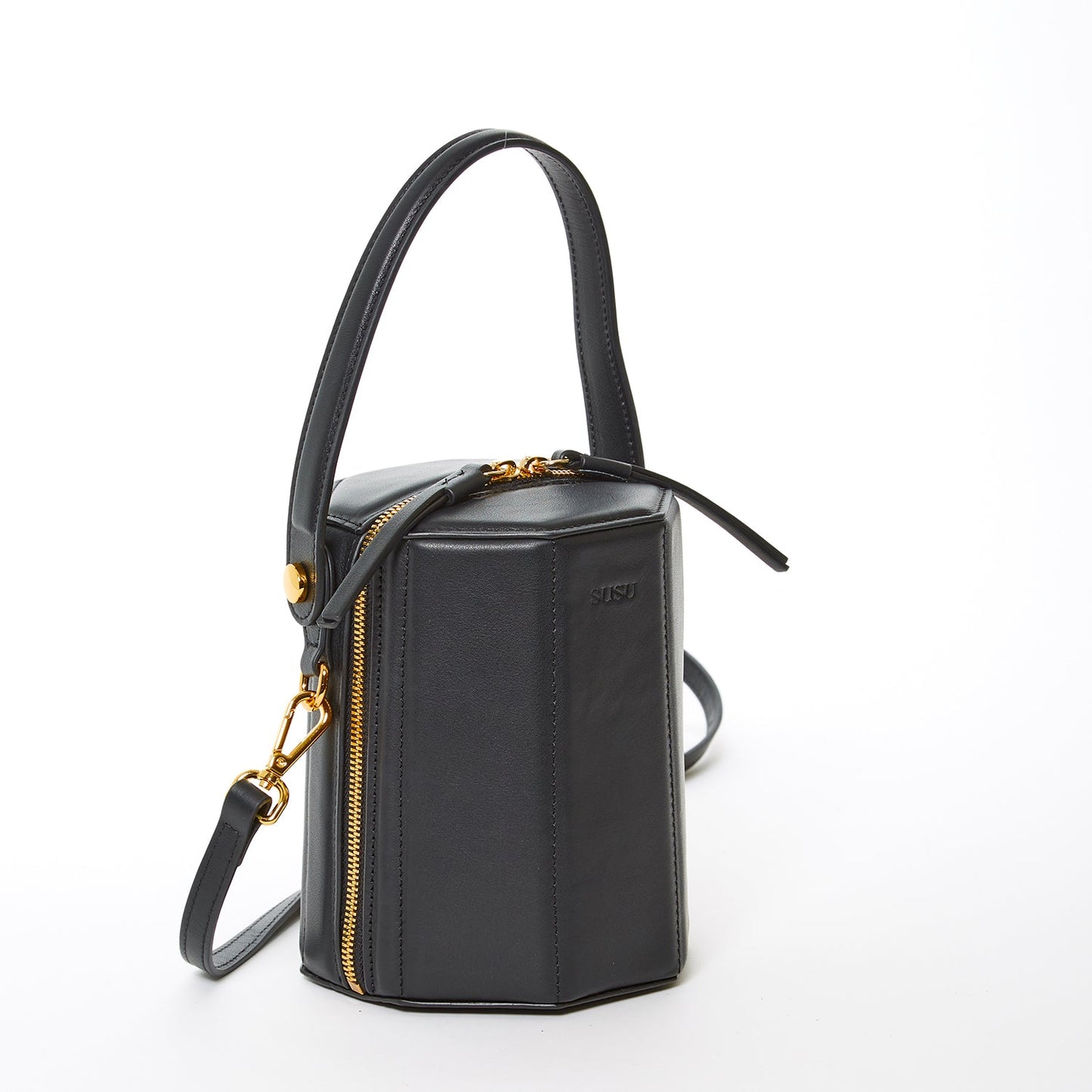 SUSU Black Leather Bucket Bag – Small Women’s Crossbody Purse with Geometric Design