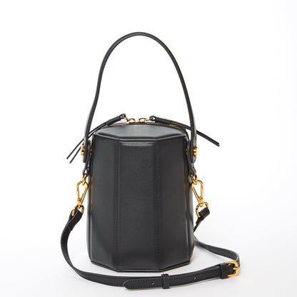 SUSU Black Leather Bucket Bag – Small Women’s Crossbody Purse with Geometric Design