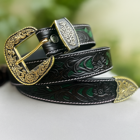 Handcrafted Black Leather Belt with Green Floral Embossing and Antique