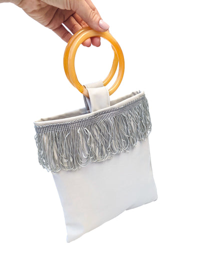 Light Grey Mini Faux Leather Bag with Amber Resin Handles and Fringe Detailing